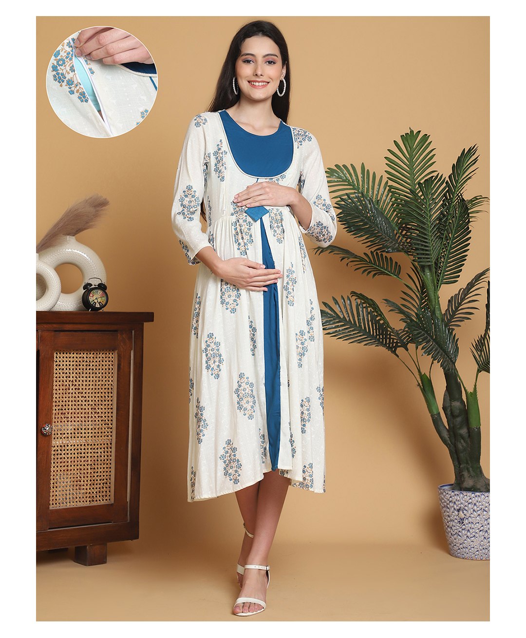 Moms Maternity Cotton Blend Woven Three Fourth Bell Sleeves Floral Printed Maternity Kurti Dress With Side Seam Nursing Access - Off White-image-2