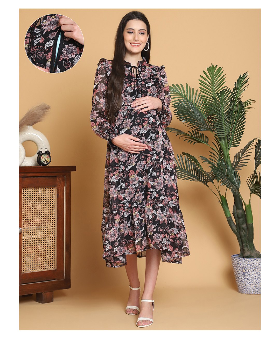 Moms Maternity Georgette Woven Three Fourth Sleeves Floral Printed Maternity Dress With Side Seam Nursing Access - Black-picture-30