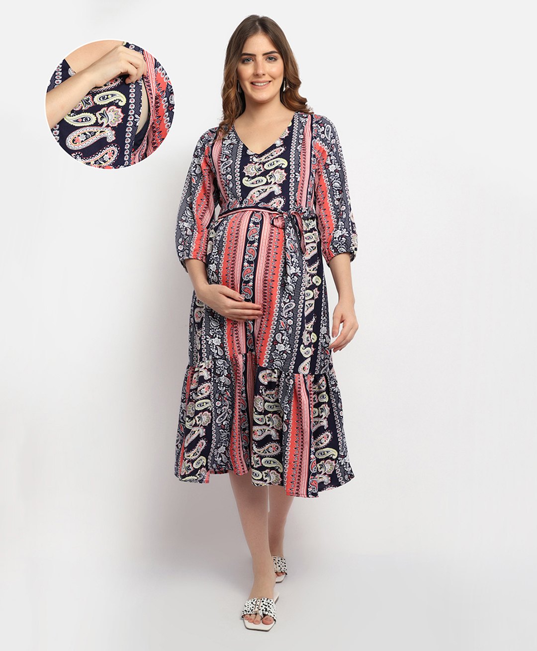 Moms Maternity Poly Crepe Woven Three Fourth Sleeves Paisley Printed Maternity Dress With Side Seam Nursing Access - Blue-picture-31