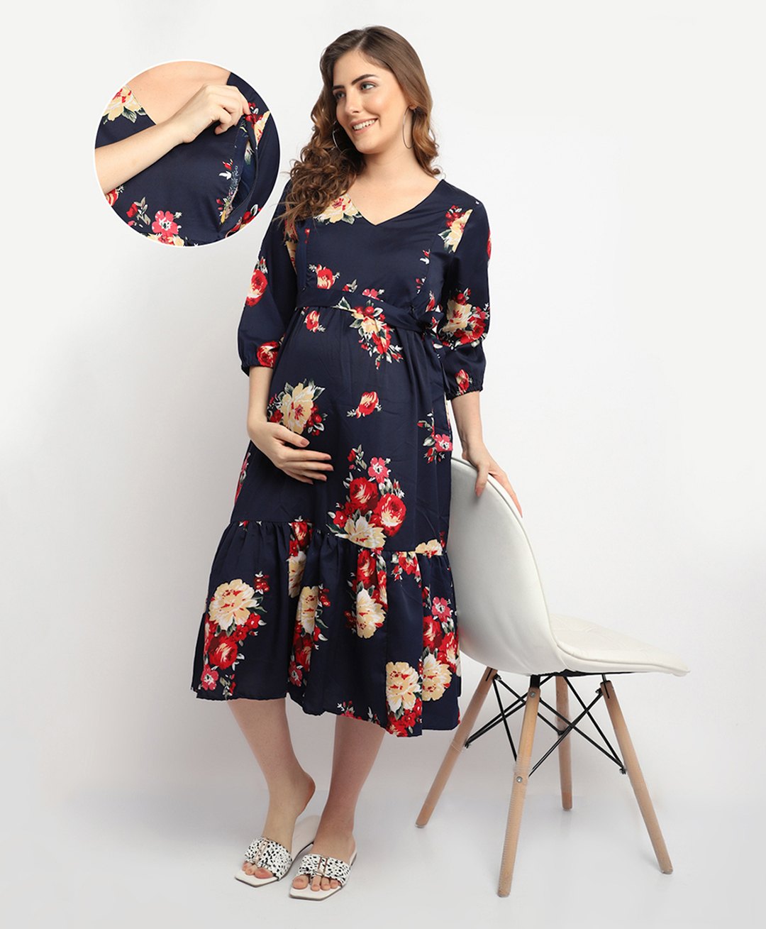 Moms Maternity Poly Crepe Woven Three Fourth Sleeves Floral Printed Maternity Dress With Side Seam Nursing Access - Navy Blue-picture-40