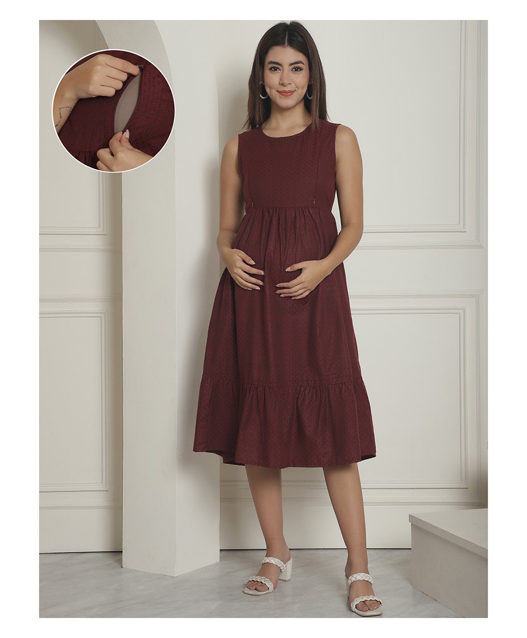 Moms Maternity Cotton Woven Sleeveless Dots Printed Maternity Tiered Dress With Side Zipper Nursing Access - Maroon-image-24