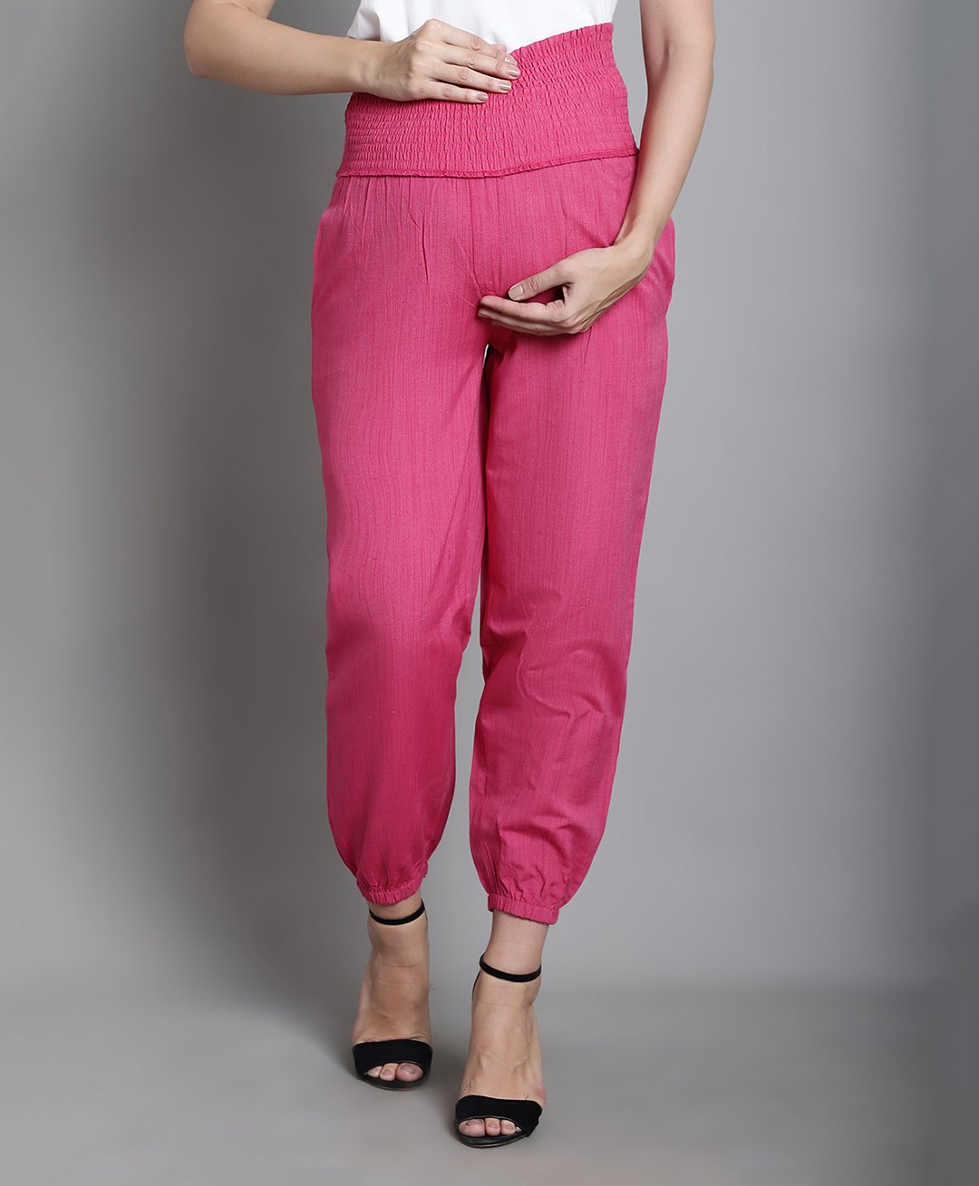 Moms Maternity Rayon Woven Solid Maternity High Waist Trousers - Pink-picture-24