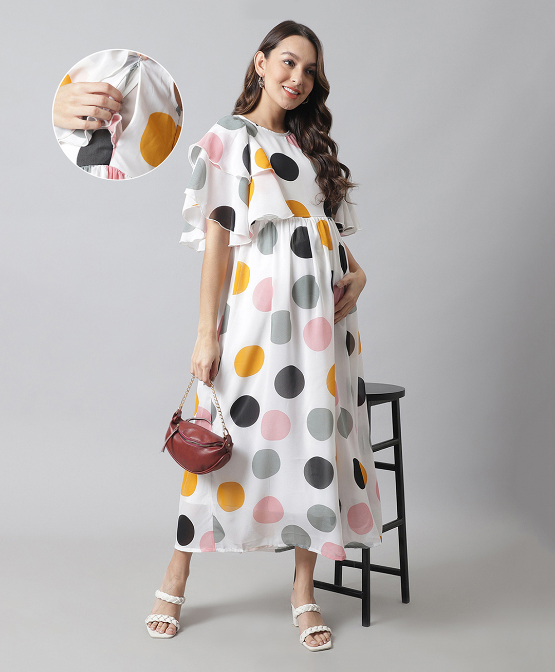 Moms Maternity Georgette Woven Half Flutter Sleeves Polka Dots Printed Maternity Dress With Side Zipper Nursing Access - White-picture-39