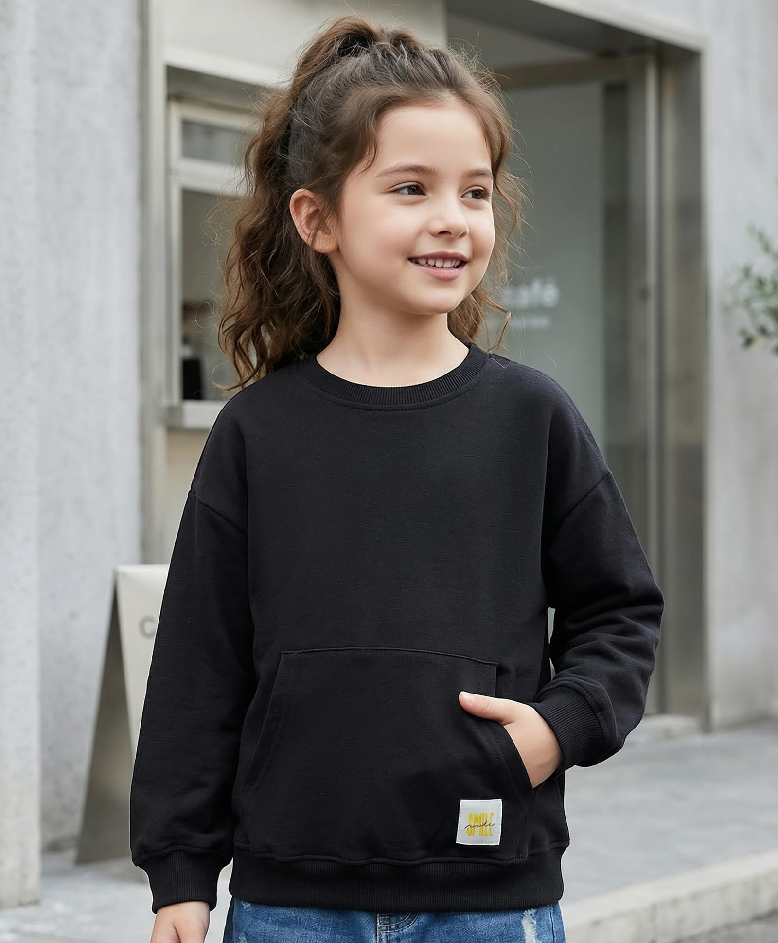 kookie kids india Kookie Kids Terry Knit Full Sleeves Solid Color Pullover Sweatshirt with Kangaroo Pocket & Badge Detailing - Black-picture-24