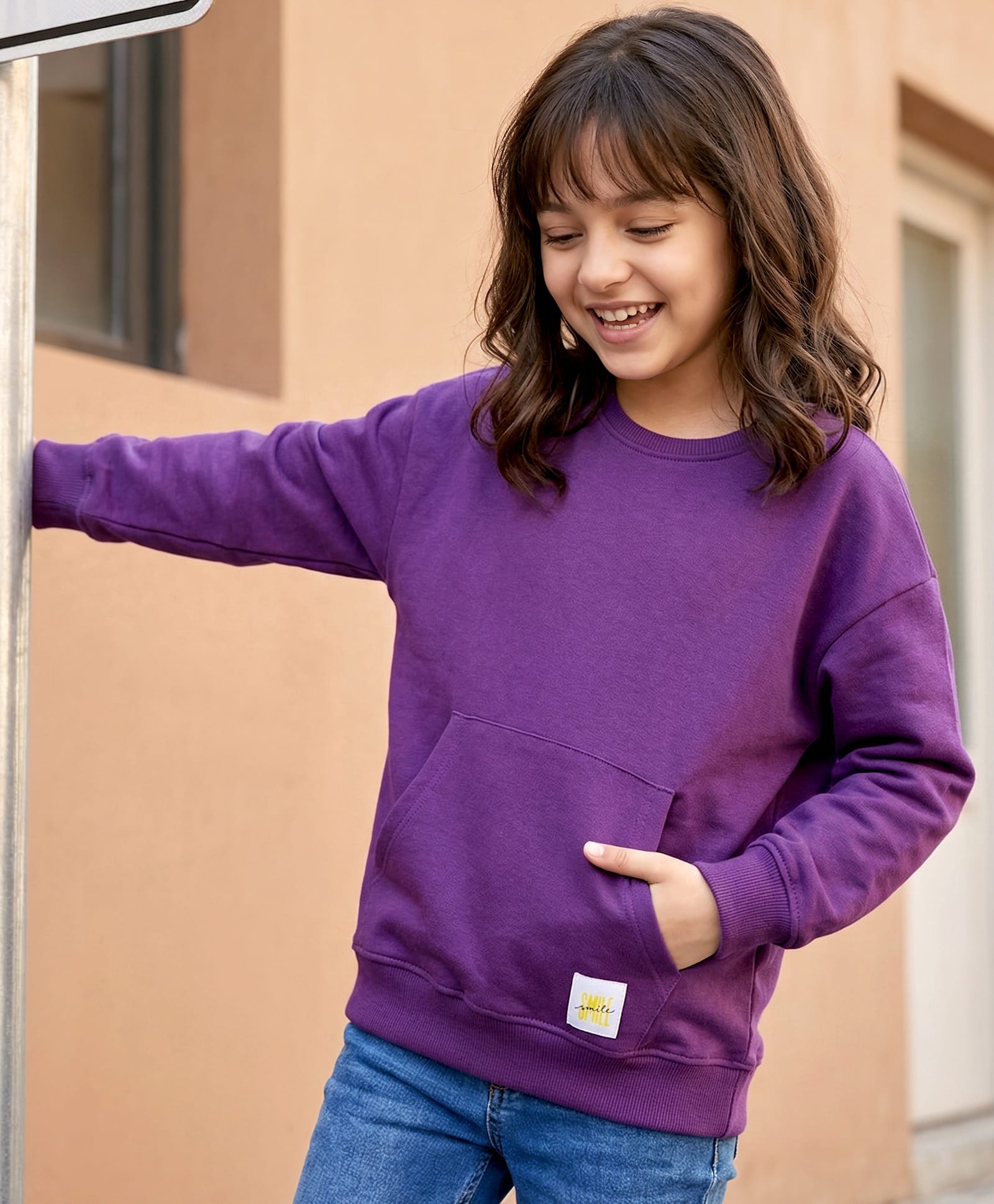 kookie kids india Kookie Kids Terry Knit Full Sleeves Solid Color Pullover Sweatshirt with Kangaroo Pocket - Purple-picture-23