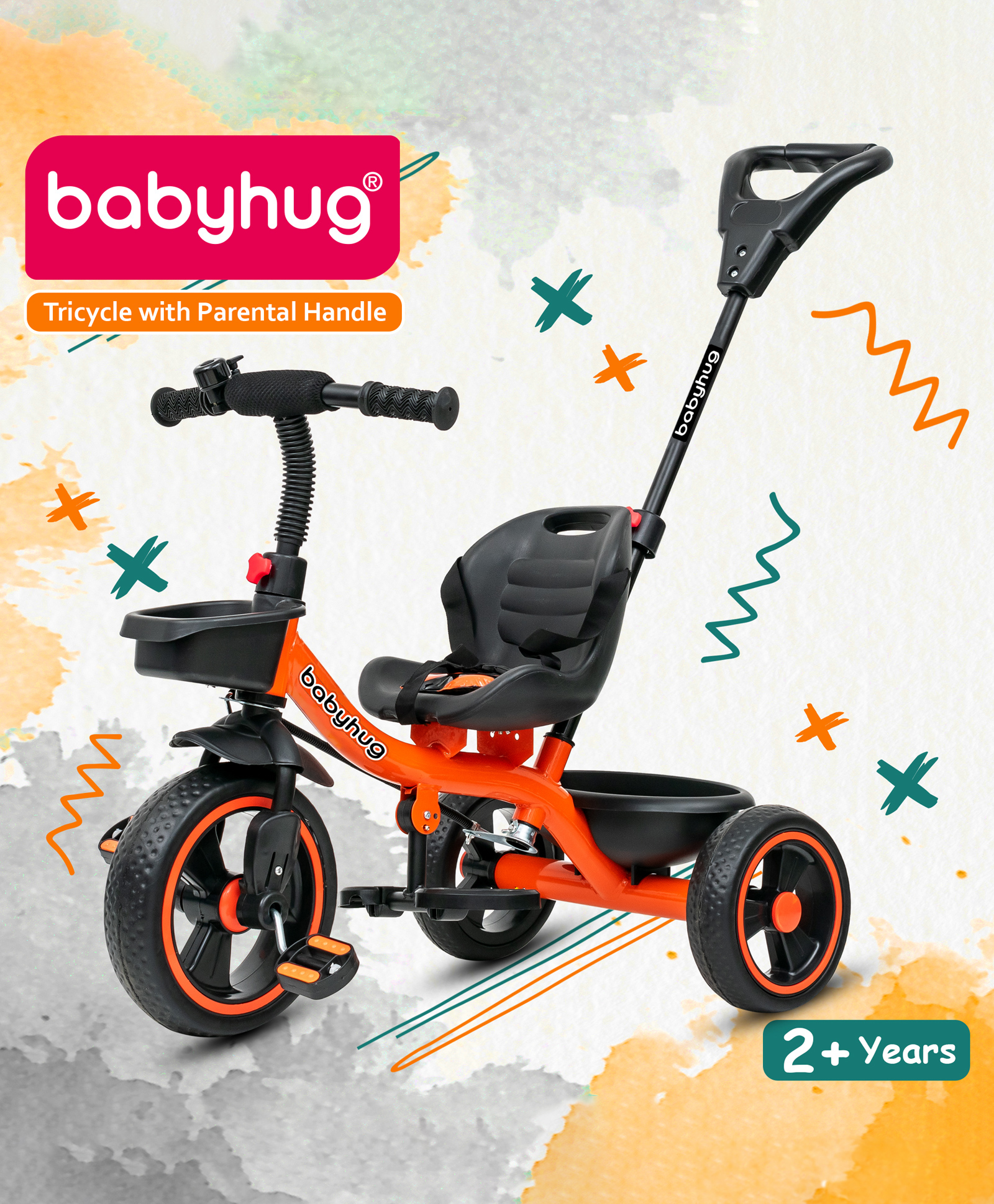 Babyhug Tricycle with Parental Push Handle-Orange| Safety Harness| Foldable Footrest| Storage Baskets| Anti-Slip Pedals| Adjustable Push Bar| Puncture Proof Wheels| Comfortable Seat| High Backrest