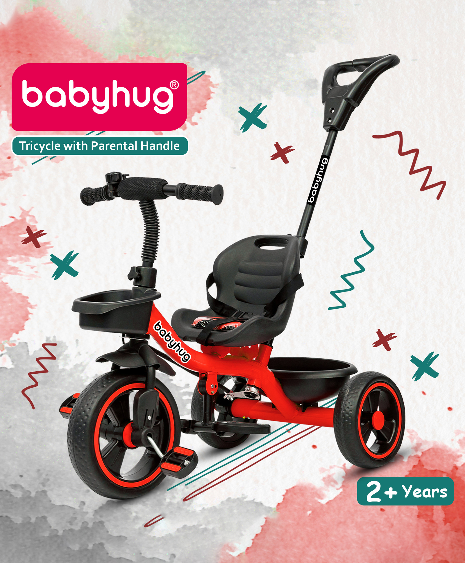Babyhug Tricycle with Parental Push Handle-Red| Safety Harness| Foldable Footrest| Storage Baskets| Anti-Slip Pedals| Adjustable Push Bar| Puncture Proof Wheels| Comfortable Seat| High Backrest