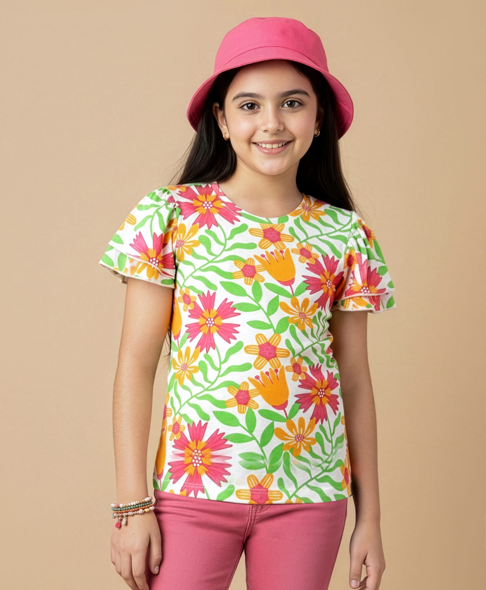 Pine Kids Cotton Knit Flutter Sleeves Top with Floral Print - Light Green & Pink-picture-18