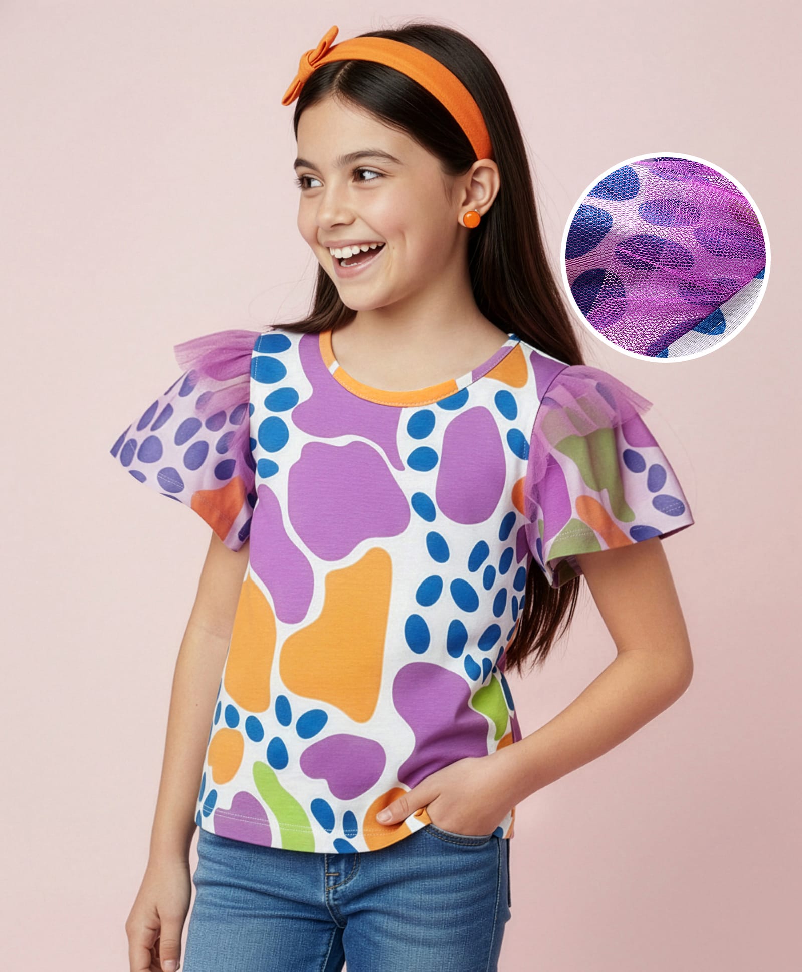Pine Kids Cotton Knit Flutter Sleeves Top with Abstract Print - White & Plum-picture-11