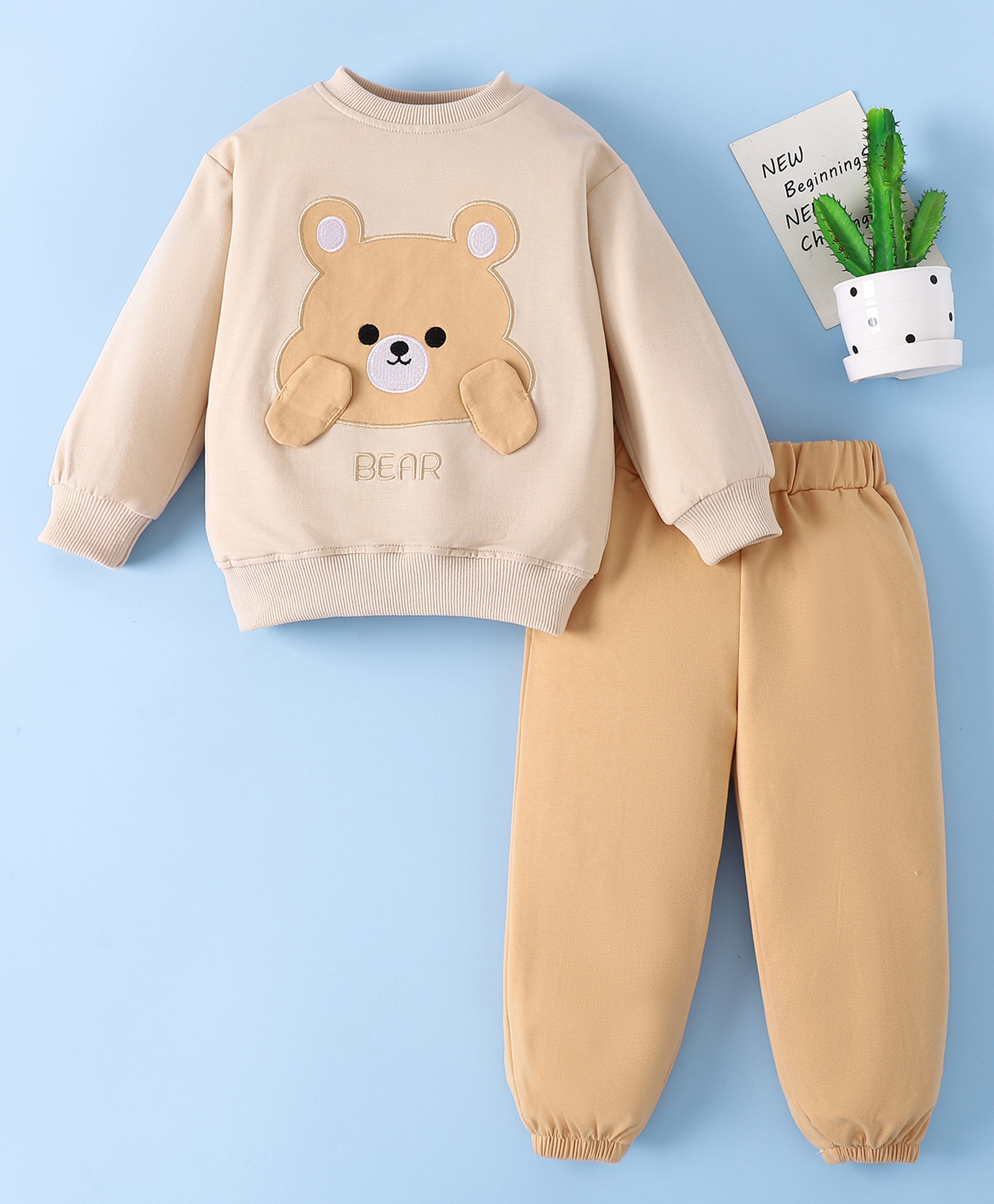 Mark & Mia Full Sleeves Cotton Winter Wear T-shirt & Lounge Pant Set With Animal Embriodery - Beige