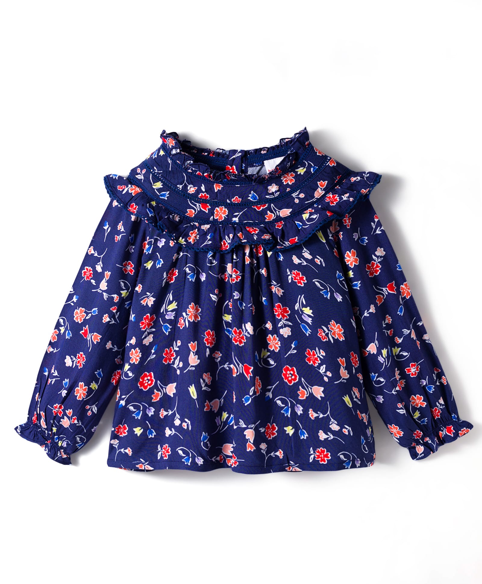 Babyhug Rayon Woven Full Sleeves Top With Floral Prints Lace & Frill Detailing - Navy Blue-picture-17