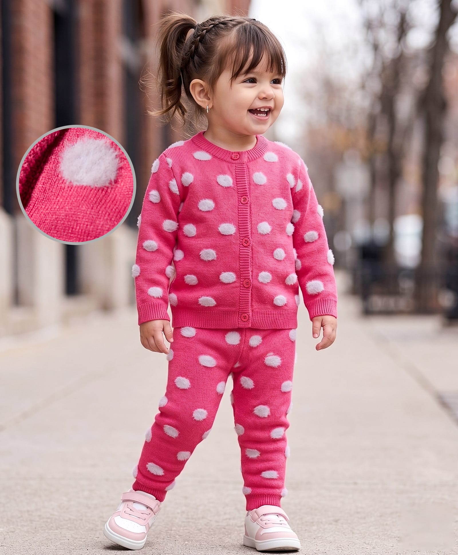 Babyoye Knit Full Sleeves Front Open Sweater Set with Polka Dot Print - Dark Pink-image-45