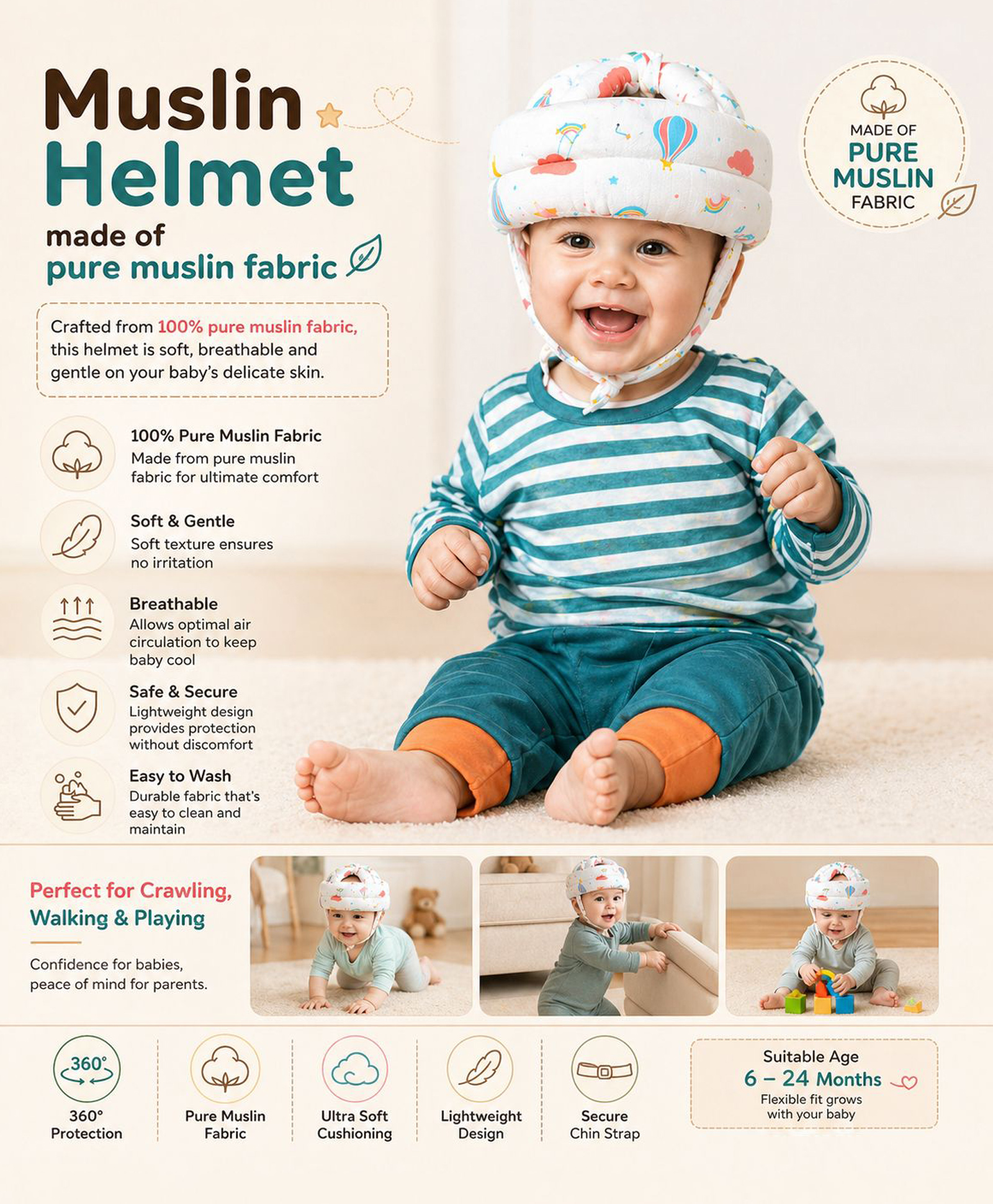 NeonateCare Baby Safety helmet - Muslin Balloon Rainbow helmet-picture-35