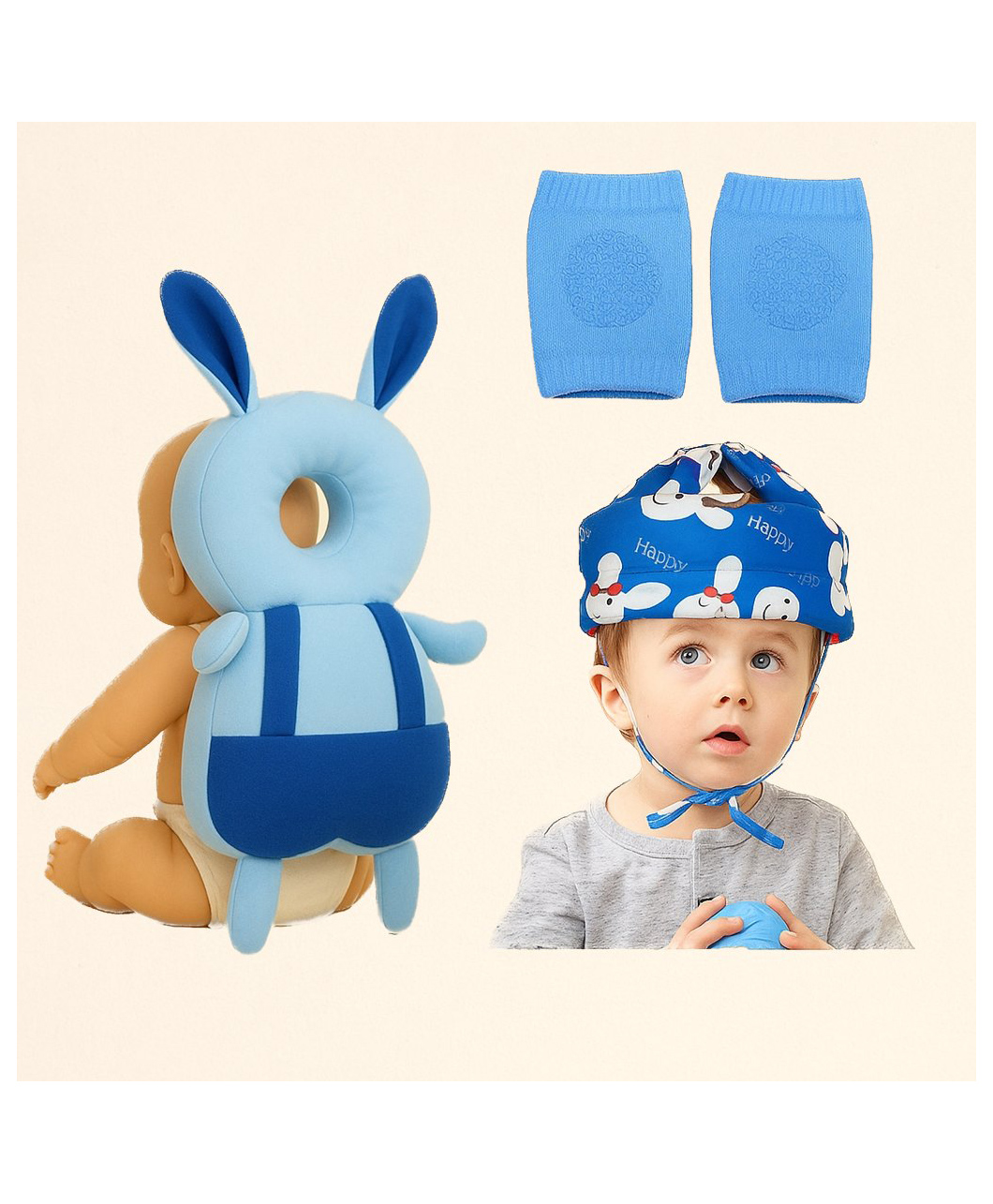 NeonateCare Utility combo of Head protector, helmet and Knee pads (Blue Smiley helmet, Blue Rabbit head protector and multicolor Knee pad ) pack of 3 utility items - Blue-image-17