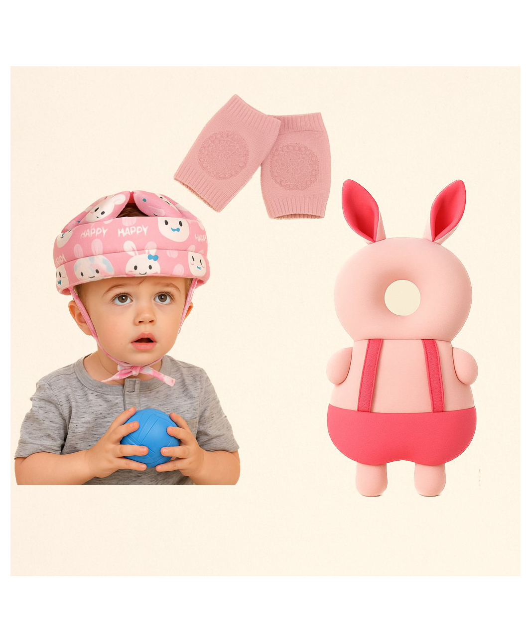 NeonateCare Utility combo of Head protector, helmet and Knee pads (Pink smiley helmet, Pink Rabbit head protector and multicolor Knee pad ) pack of 3 utility items - Pink-image-5
