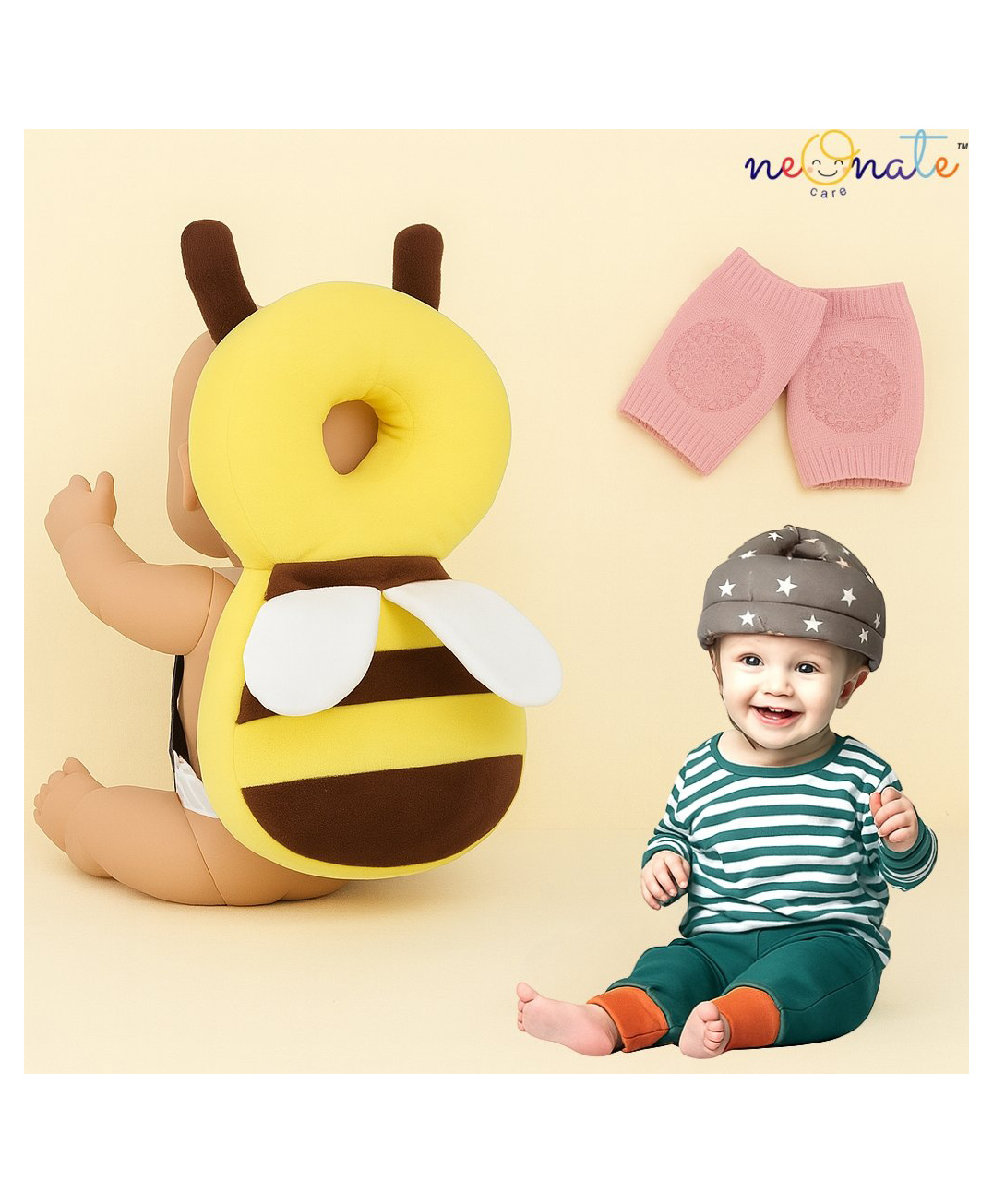 NeonateCare safety combo of Baby Helmet Head Protector and knee pads (Grey star helmet Yellow Head protector and multicolor knee pads) - Multi-image-28