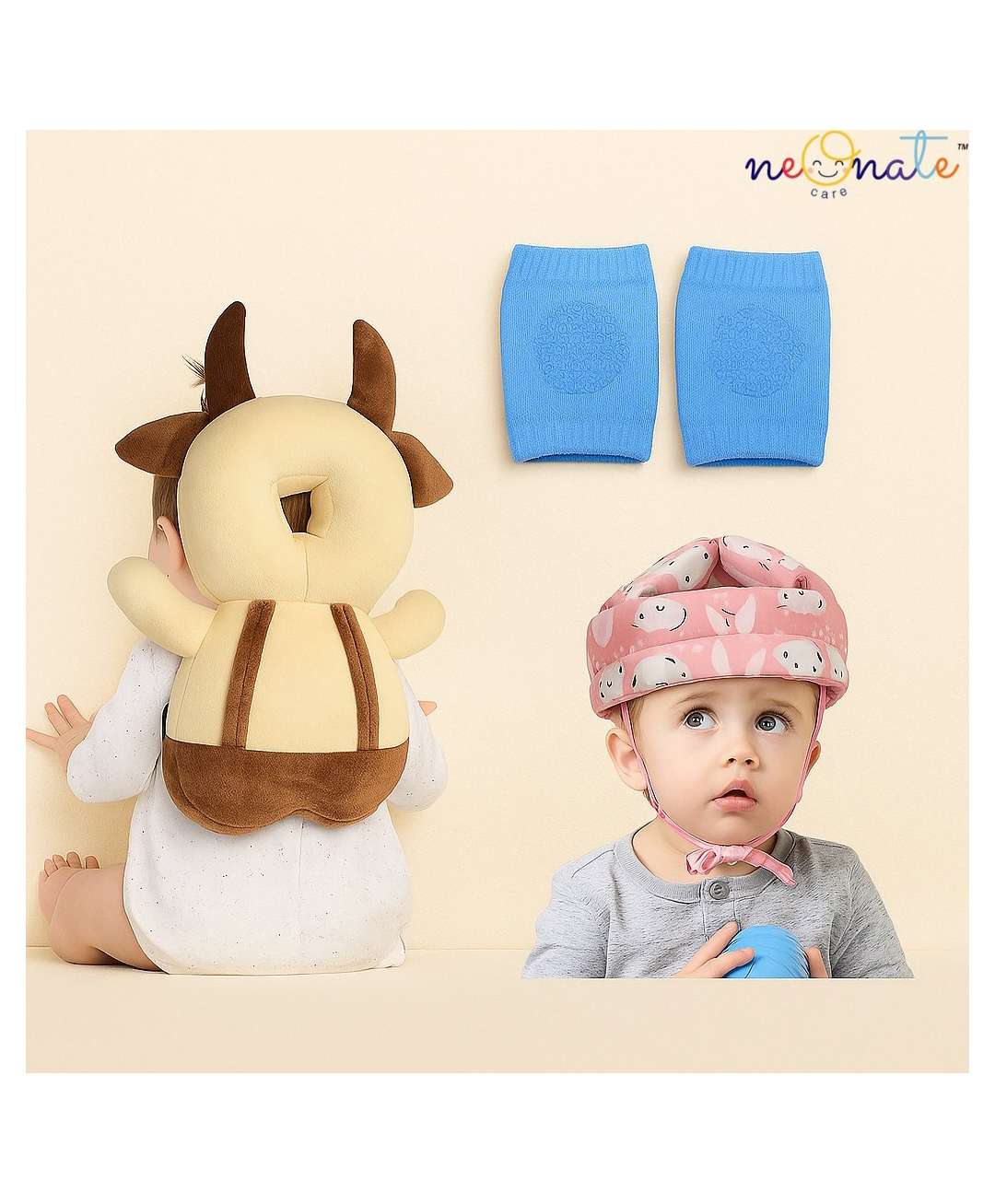NeonateCare safety and practical combo of Baby Helmet Head Protector and knee pads (Pink smiley helmet Cream cow Head protector and multicolor knee pads) - Multi-picture-4