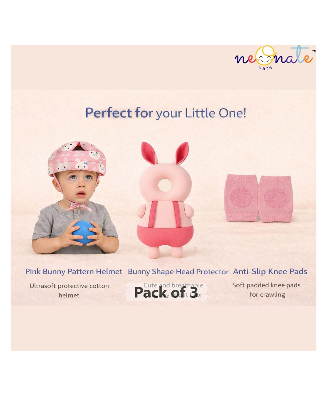 NeonateCare safety combo of Baby Helmet Head Protector and knee pads (Pink Happy helmet Pink Rabbit Head protector and multicolor knee pads) - Pink-image-16