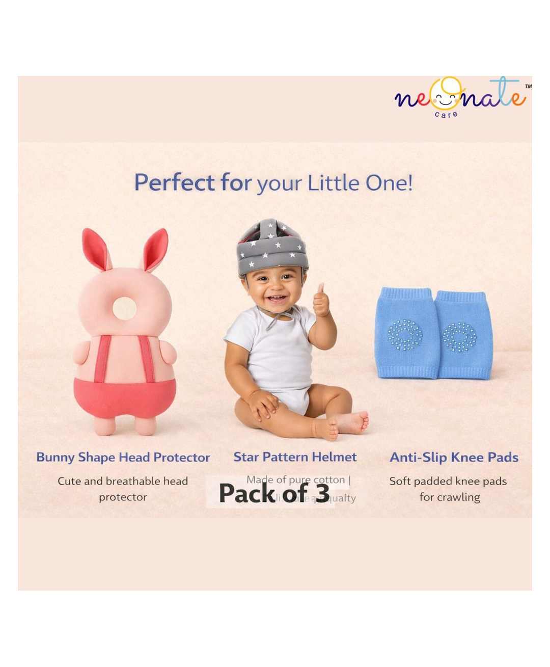 NeonateCare safety combo of Baby Helmet Head Protector and knee pads (Grey Star helmet Pink Rabbit Head protector and multicolor knee pads) - Pink-picture-18