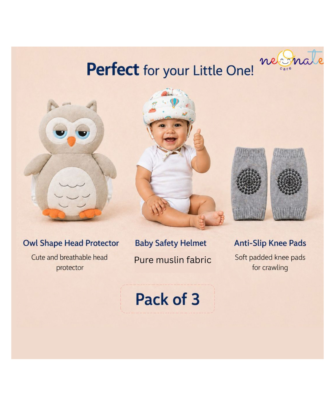 NeonateCare Baby safety Combo of Baby Muslin Helmet and Baby Head Protector with knee pads (Rainbow muslin Helmet + Grey owl Head protector + knee pads) (pack of 3)-picture-28