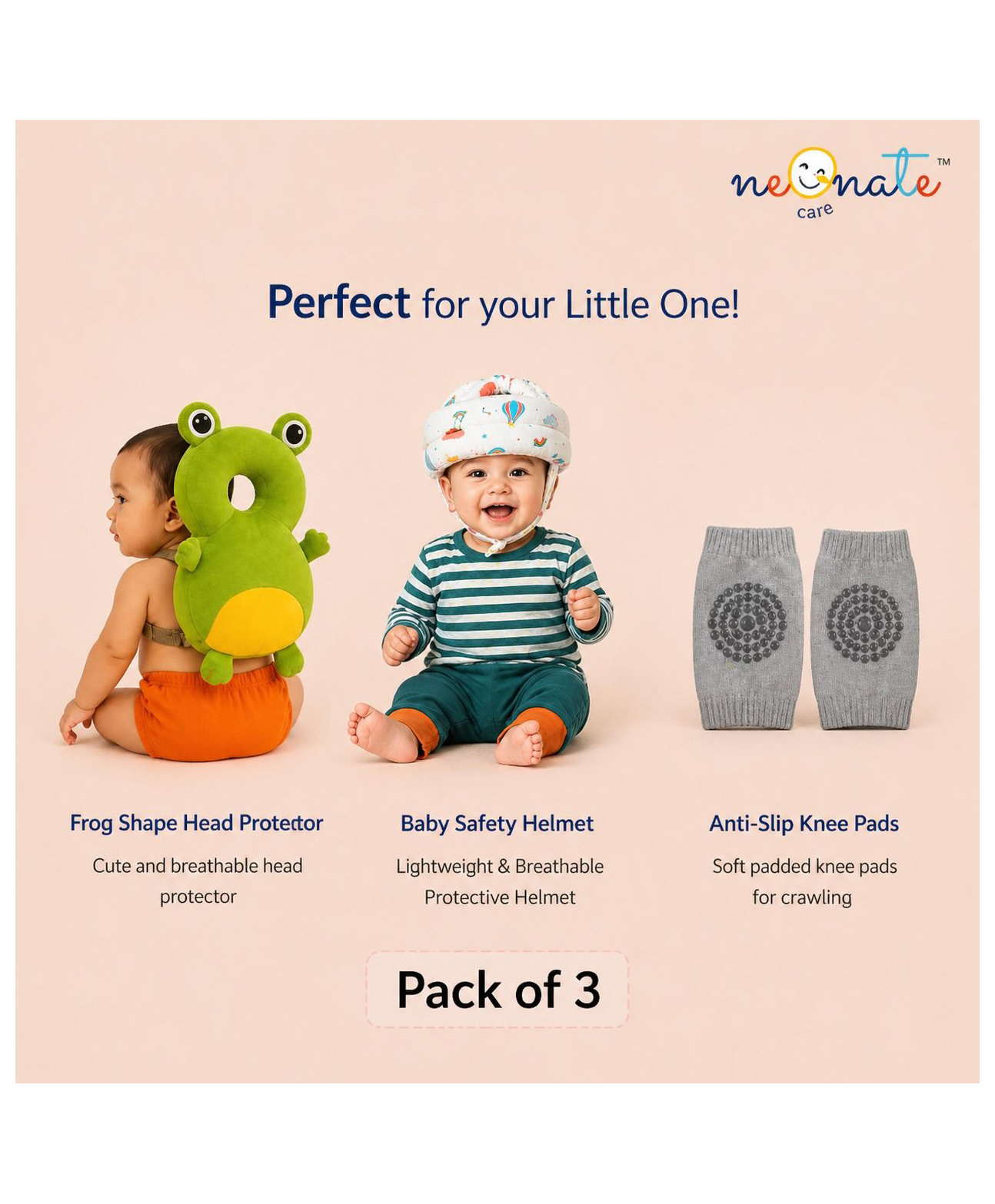 NeonateCare Baby safety Combo of Baby Muslin Helmet and Baby Head Protector with knee pads (Rainbow muslin Helmet + Green frog Head protector + knee pads) (pack of 3)-picture-37