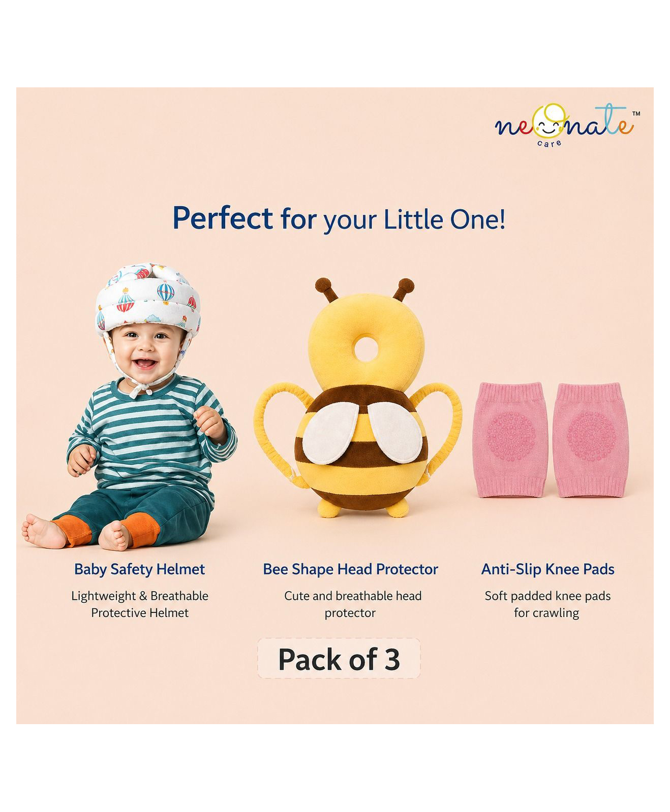 NeonateCare Baby safety Combo of Baby Muslin Helmet and Baby Head Protector with knee pads (Rainbow muslin Helmet + Yellow Head protector + knee pads) (pack of 3)-picture-1