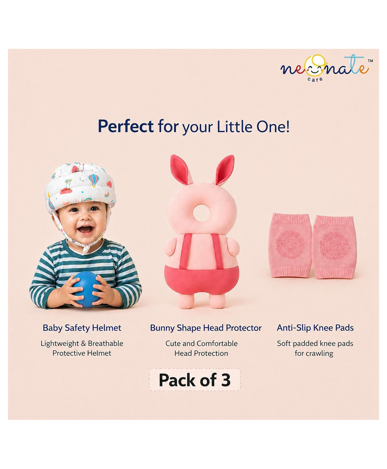 NeonateCare Baby safety Combo of Baby Muslin Helmet and Baby Head Protector with knee pads (Rainbow muslin Helmet + Pink rabbit Head protector + knee pads) (pack of 3)-image-19