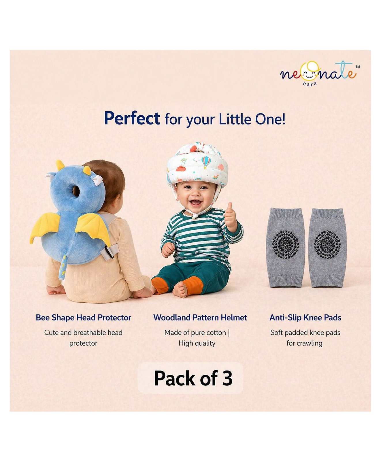 NeonateCare Baby safety Combo of Baby Muslin Helmet and Baby Head Protector with knee pads (Rainbow muslin Helmet + Blue feather Head protector + knee pads) (pack of 3)-image-41