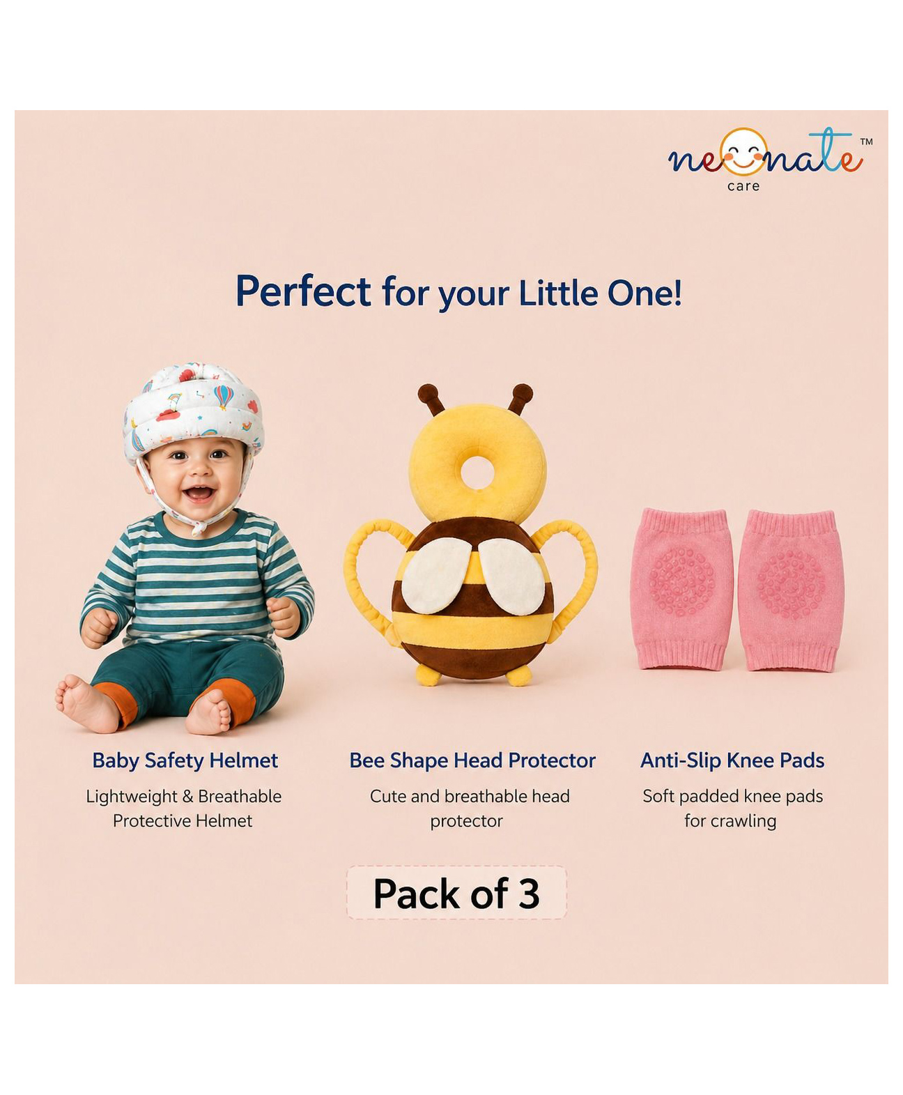 NeonateCare Baby safety Combo of Baby Muslin Helmet and Baby Head Protector with knee pads (Rainbow muslin Helmet + Yellow Head protector + knee pads) (pack of 3)-picture-4