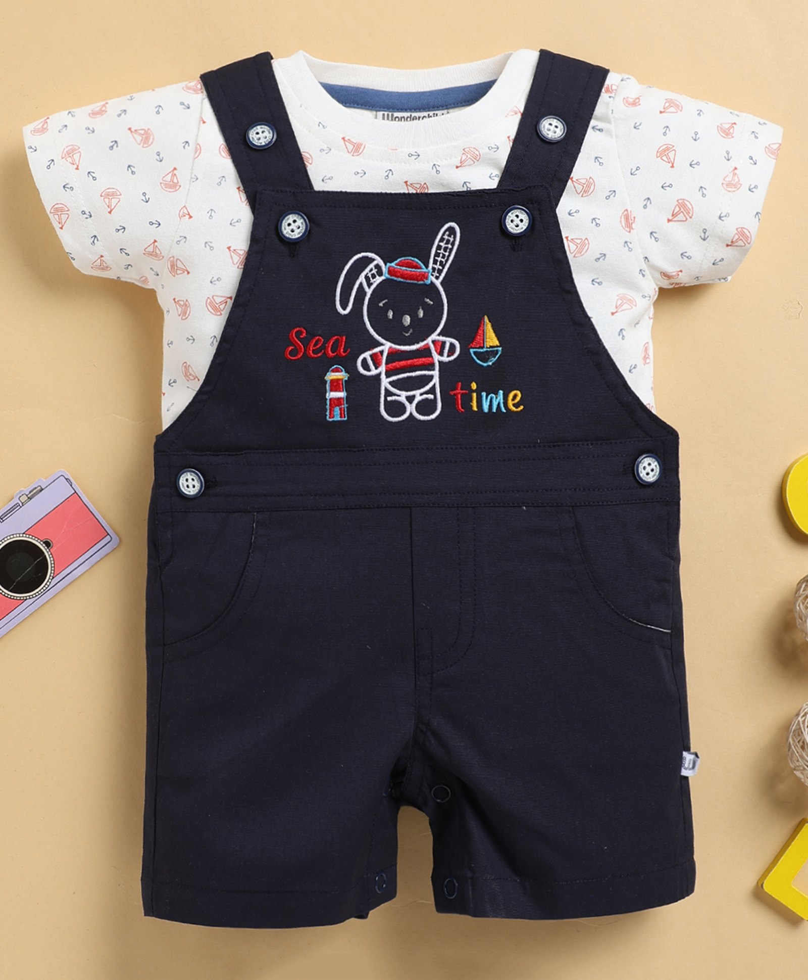 Wonderchild Nautical Theme Embroidered Dungaree With Half Sleeves Doodle Art Printed Tee - White & Navy Blue-image-3