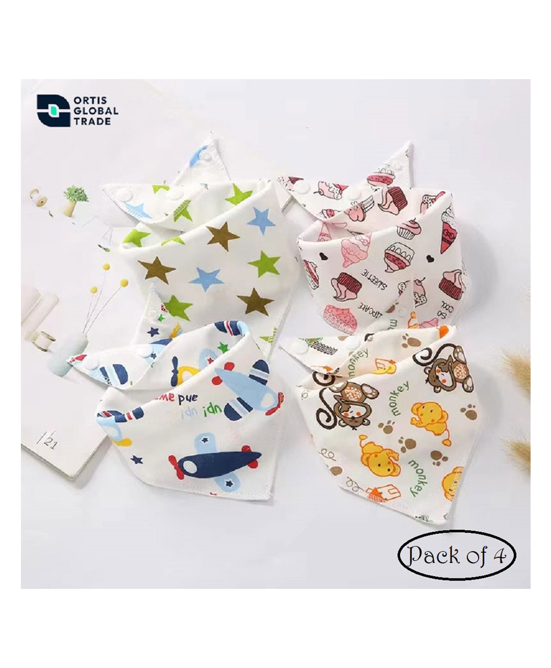 Ortis Cotton Baby Bib, Triangular Scarf with 2 Adjustable Press Studs - Pack of 4 (Color & Design May Vary)-image-3