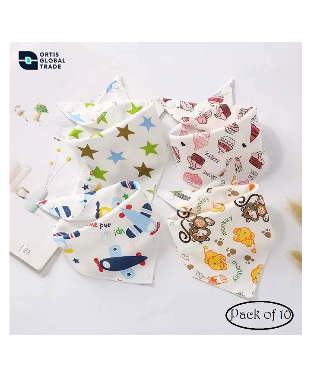 Ortis Cotton Baby Bib, Triangular Scarf with 2 Adjustable Press Studs - Pack of 10 (Color & Design May Vary)-image-5