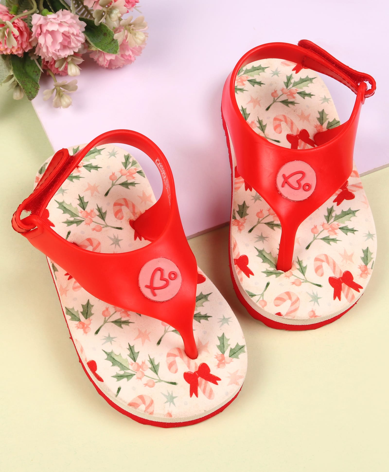 Babyoye Velcro Closure Flip Flops with Tropical Print - Red-picture-14