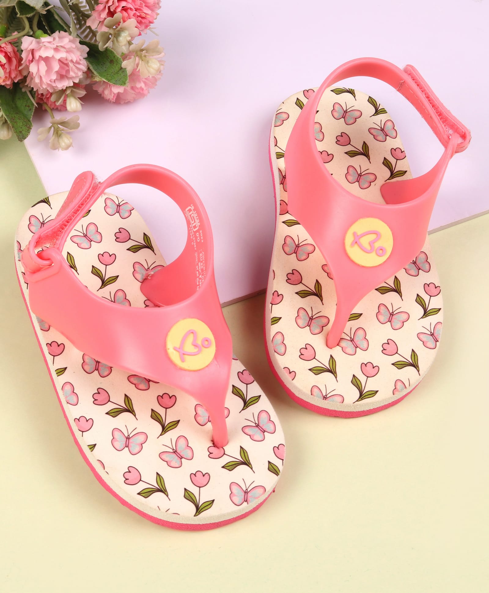 Babyoye Velcro Closure Flip Flops with Floral & Butterfly Print - Light Pink-image-49