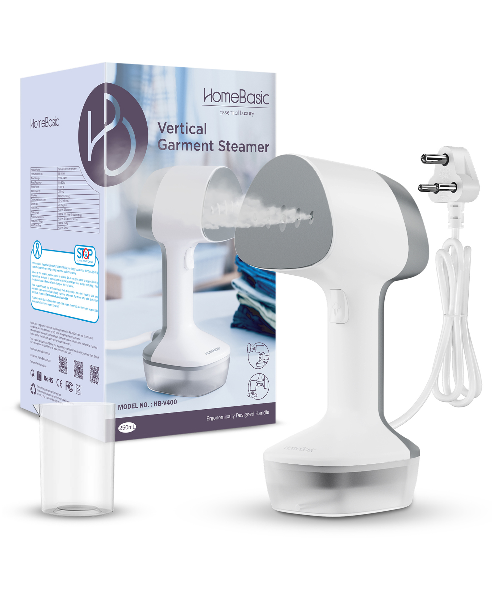 HOMEBASIC Handheld Garment Steamer for Clothes 1300W | 25s Fast Heating, 250ml Tank, Vertical & Horizontal Steaming, 26g/min Steam Output