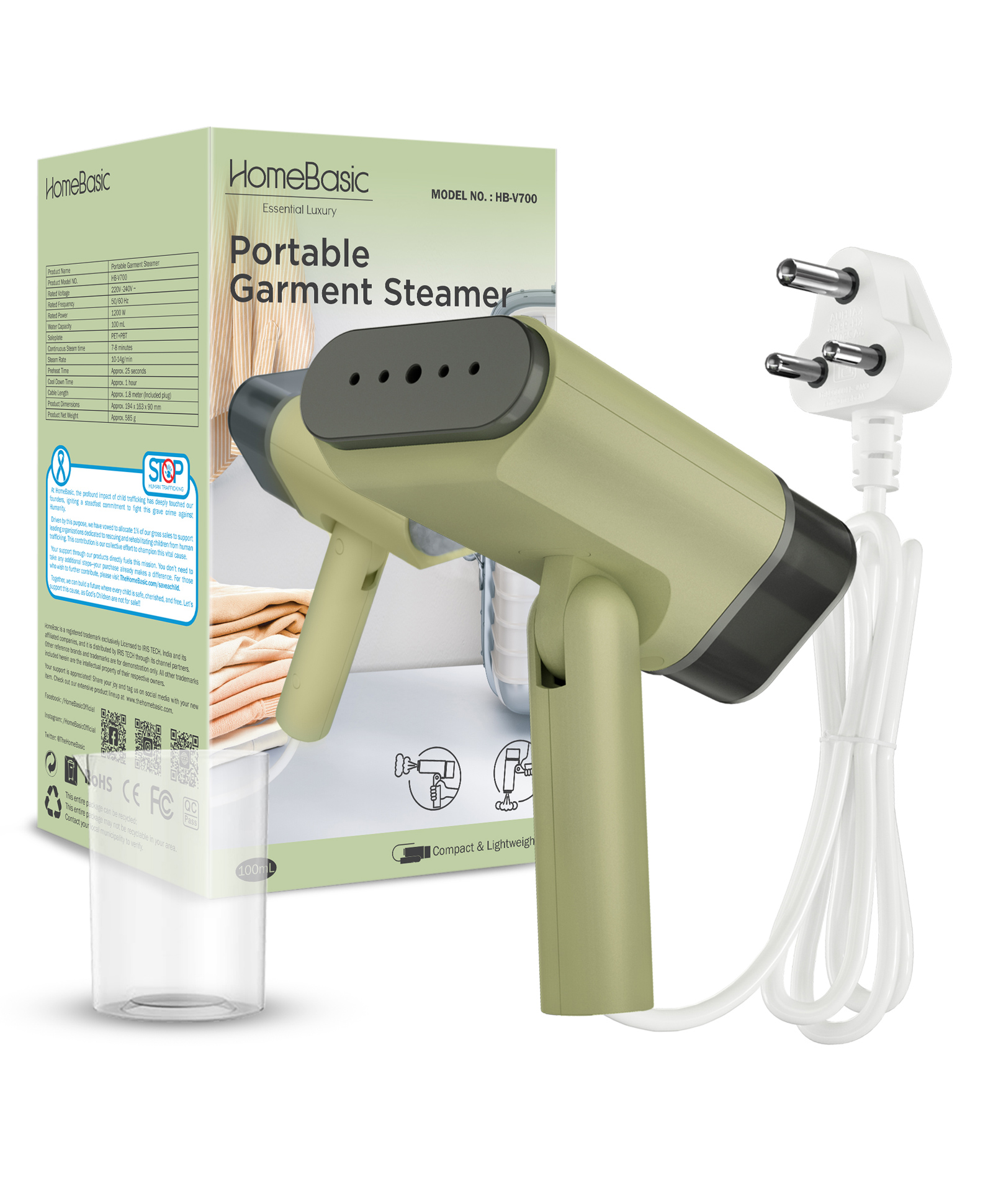 HOMEBASIC Handheld Garment Steamer for Clothes 1200W | 25s Rapid Heat-Up, 100ml Tank, 14g/min Steam, PET+PBT Soleplate| Vertical & Horizontal, Foldable, Compact Steamer for Travel-picture-23