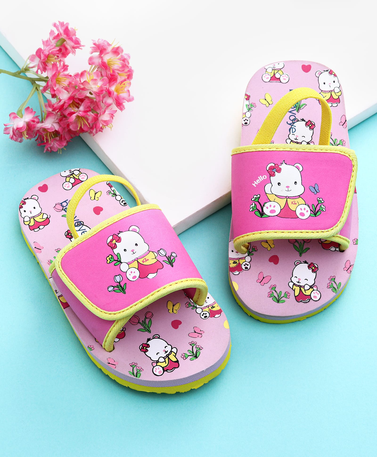 Babyoye Floral & Bear Printed Sliders with Back Strap - Pink-image-3