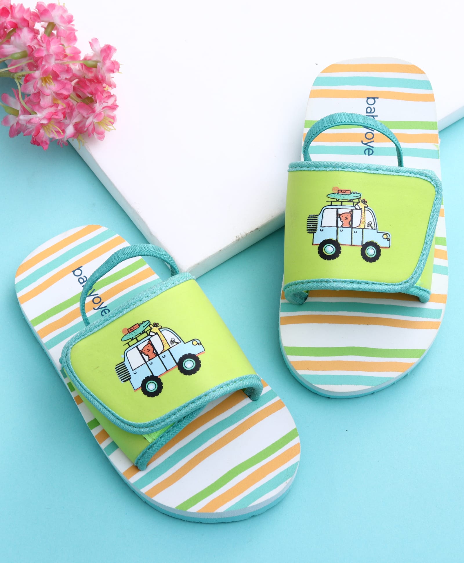 Babyoye Slip On Striped Flip Flops with Safari Print - Green-image-8