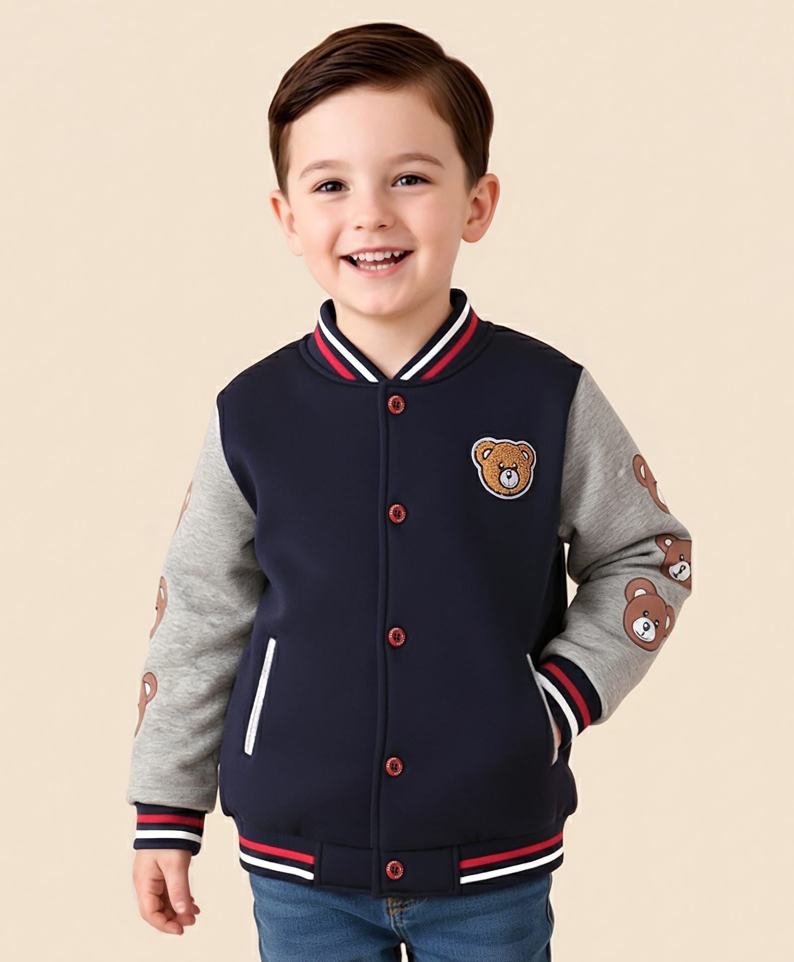 Mark & Mia Full Sleeves Bomber Jacket With Teddy Bear Print & Embroidery - Navy Blue-image-16