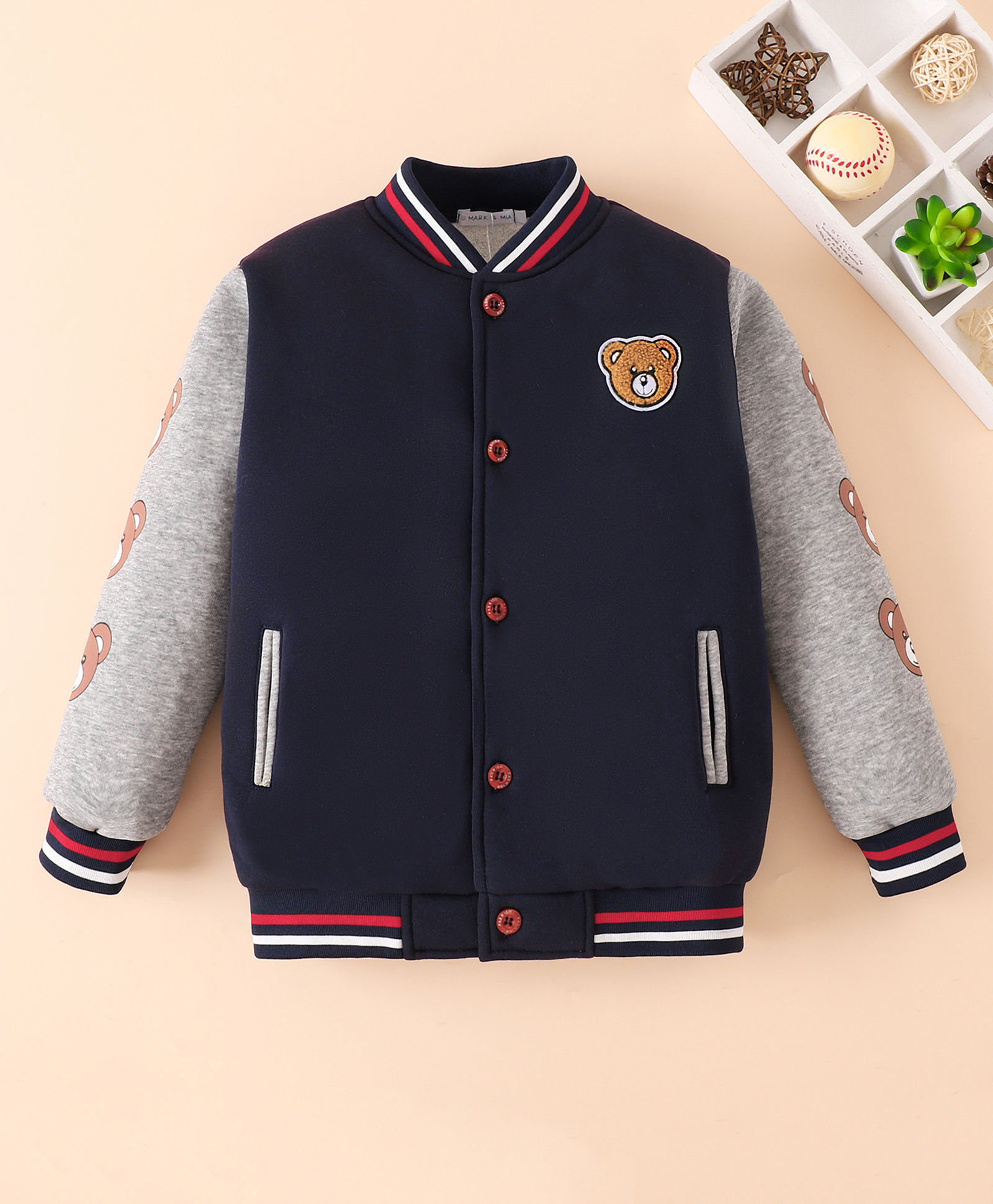 Mark & Mia Full Sleeves Bomber Jacket With Teddy Bear Print & Embroidery - Navy Blue-picture-19