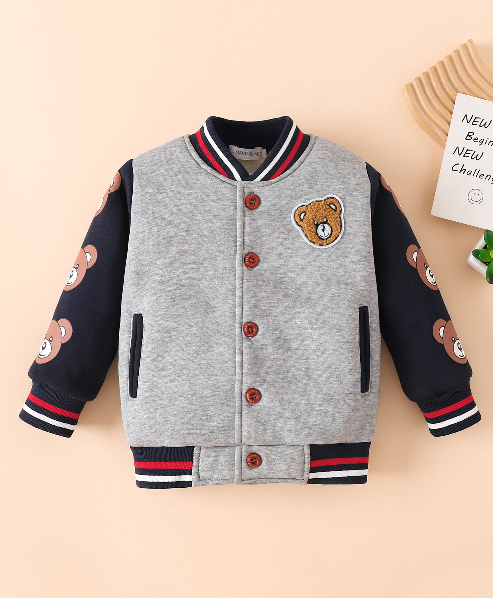 Mark & Mia Full Sleeves Bomber Jacket With Teddy Bear Print & Embroidery - Grey-image-40
