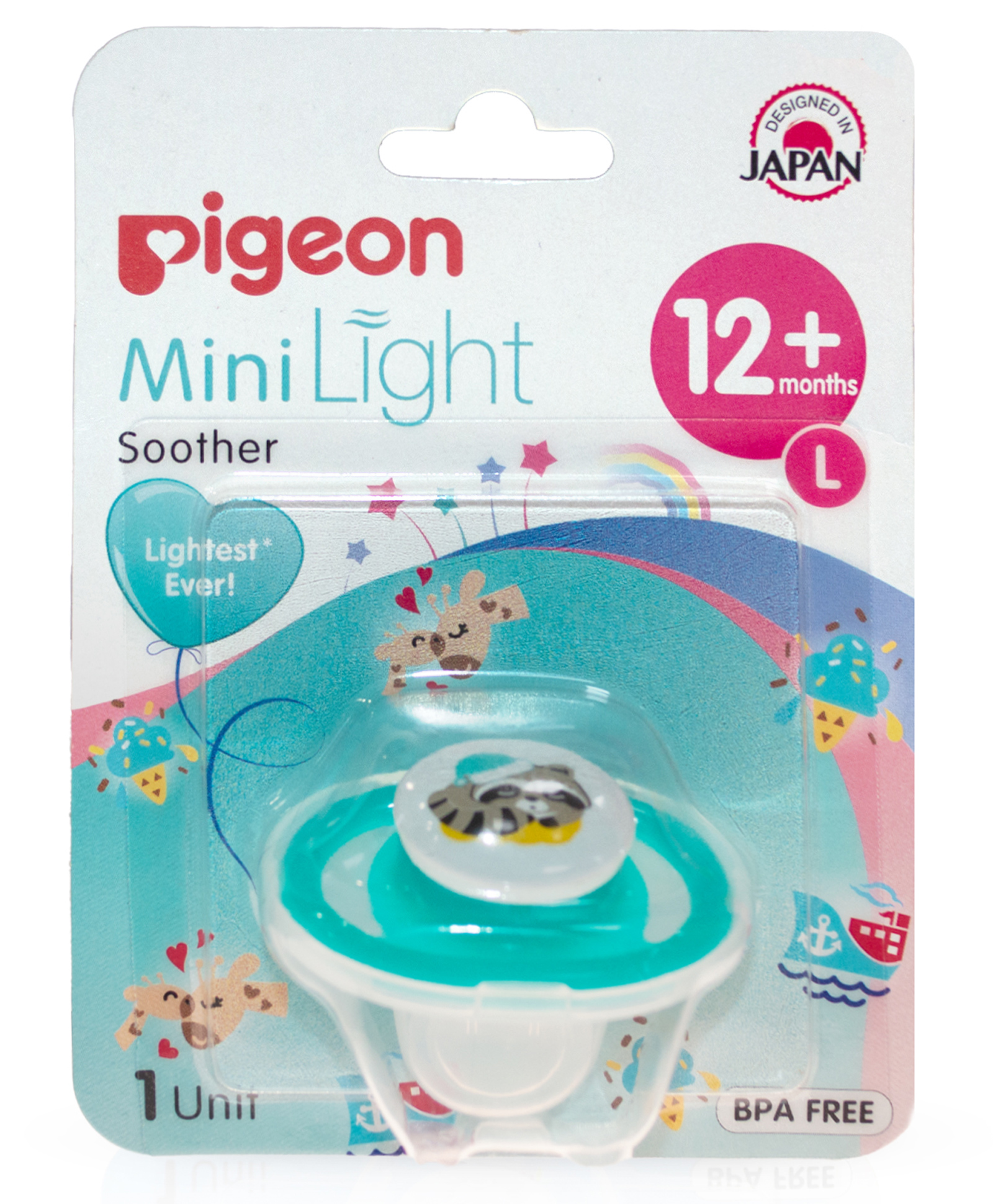 Pigeon Mini Light Baby Pacifier with Raccoon Print Large Size BPA Free - Sea Green-image-11
