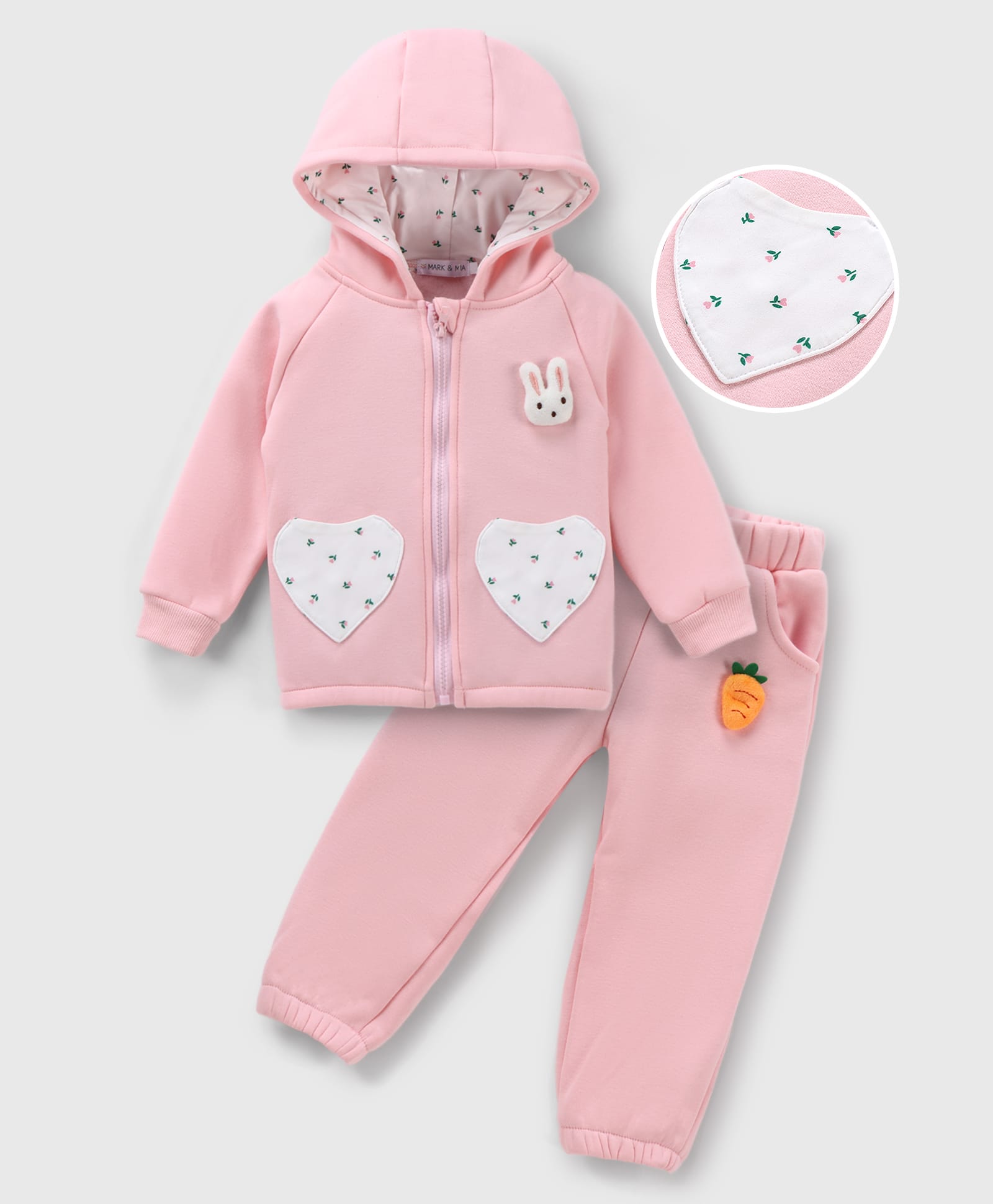 Mark & Mia Full Raglan Sleeves Winter Hooded T-Shirt & Lounge Pant Set With Floral Print & Bunny Applique - Pink-image-31