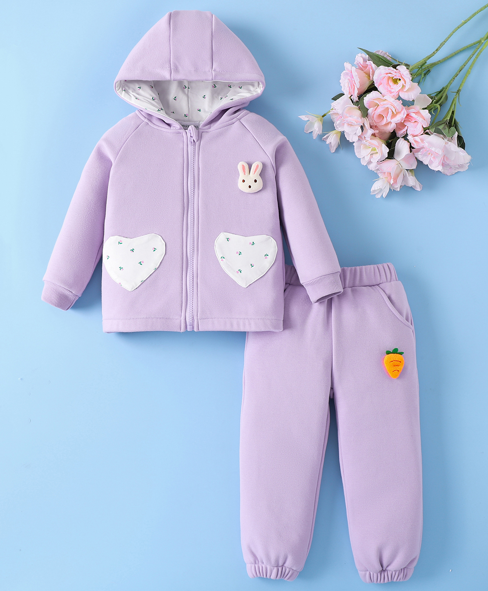 Mark & Mia Full Raglan Sleeves Winter Hooded T-Shirt & Lounge Pant Set With Floral Print & Bunny Applique - Purple-image-46