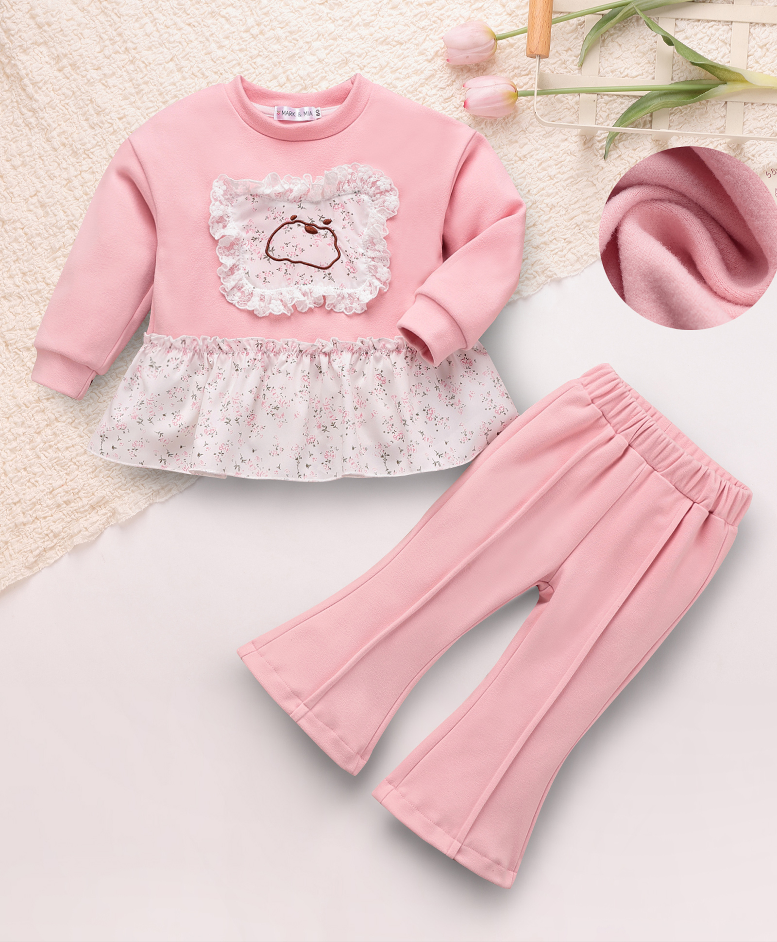 Mark & Mia Full Drop Shoulder Sleeves Top & Pant Set With Floral Print & Applique - Pink-picture-27