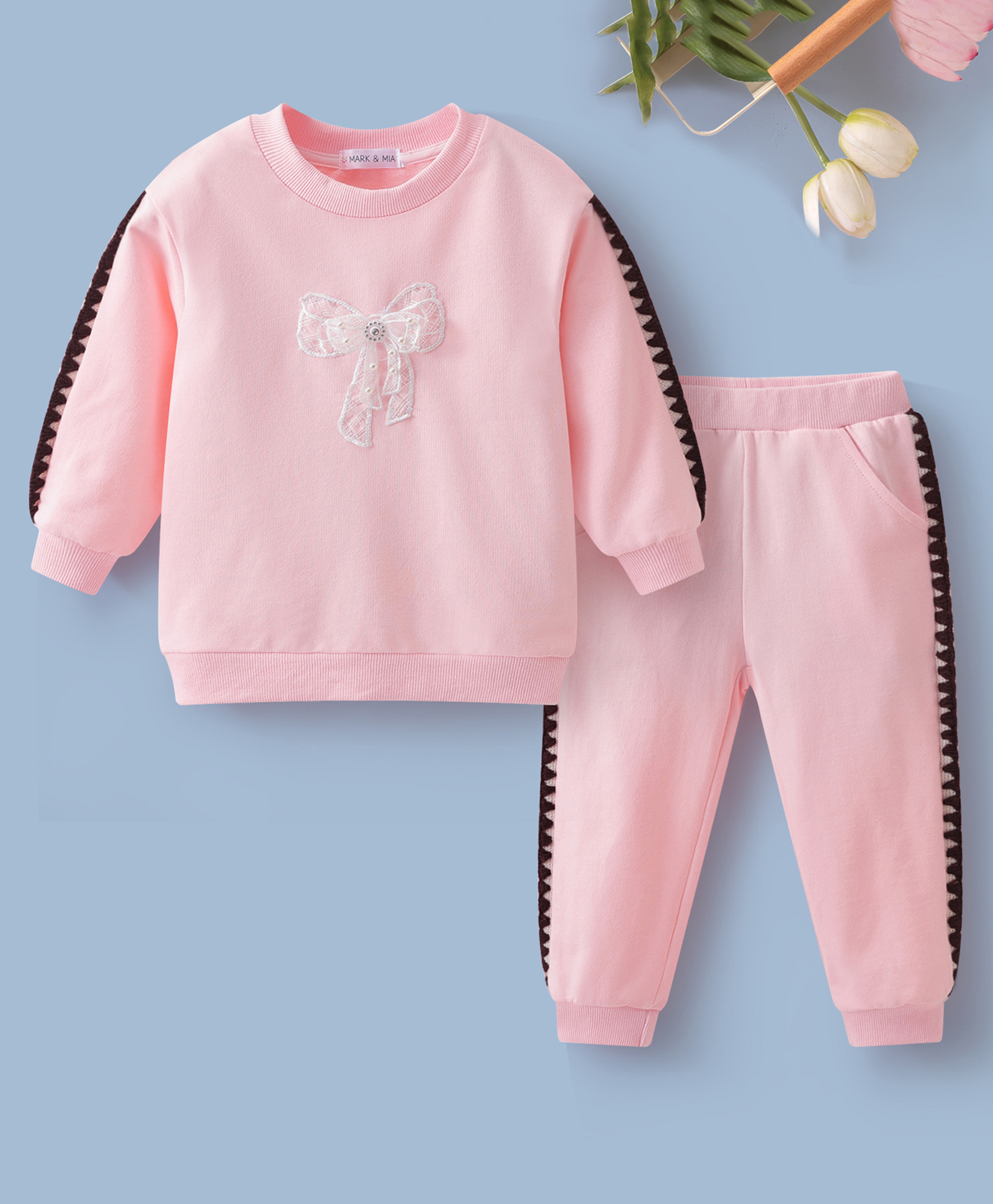 Mark & Mia Cotton Full Sleeves Winter Wear Sweatshirt & Lounge Pant Set With Bow Applique - Pink-image-37