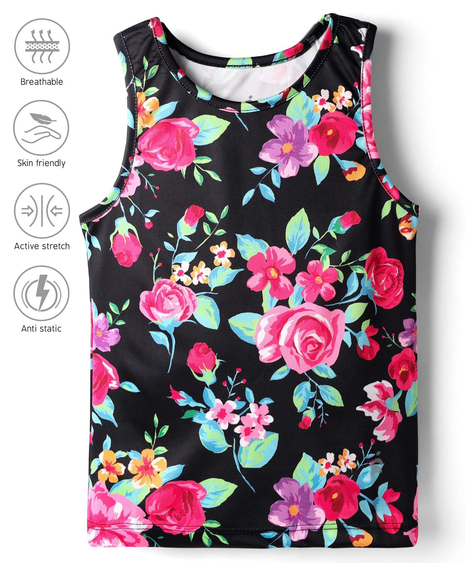Pine Active Knit Sleeveless Floral Printed T-Shirt - Black