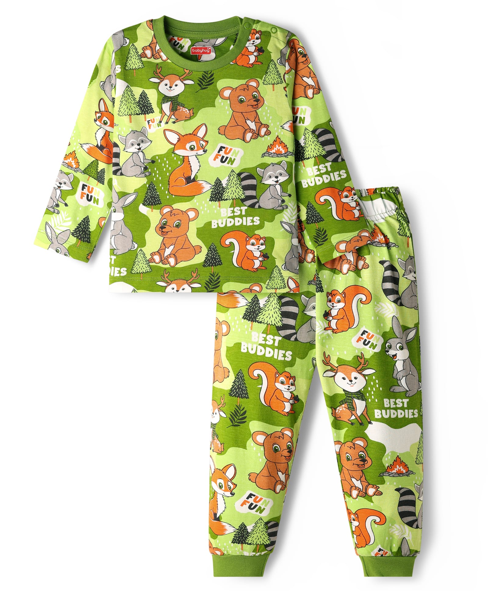 Babyhug Cotton Knit Full Sleeves Co-Ord Night Suit with Animal Print - Green