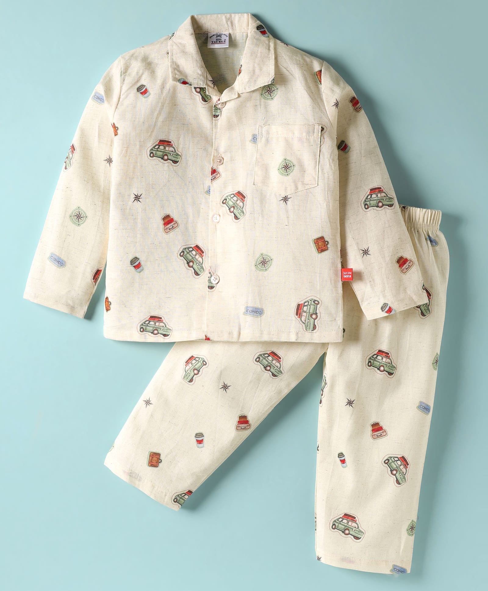 Mini Taurus Cotton Woven Full Sleeves Co-Ord Night Suit with Traveller Car Print - Offwhite-image-45