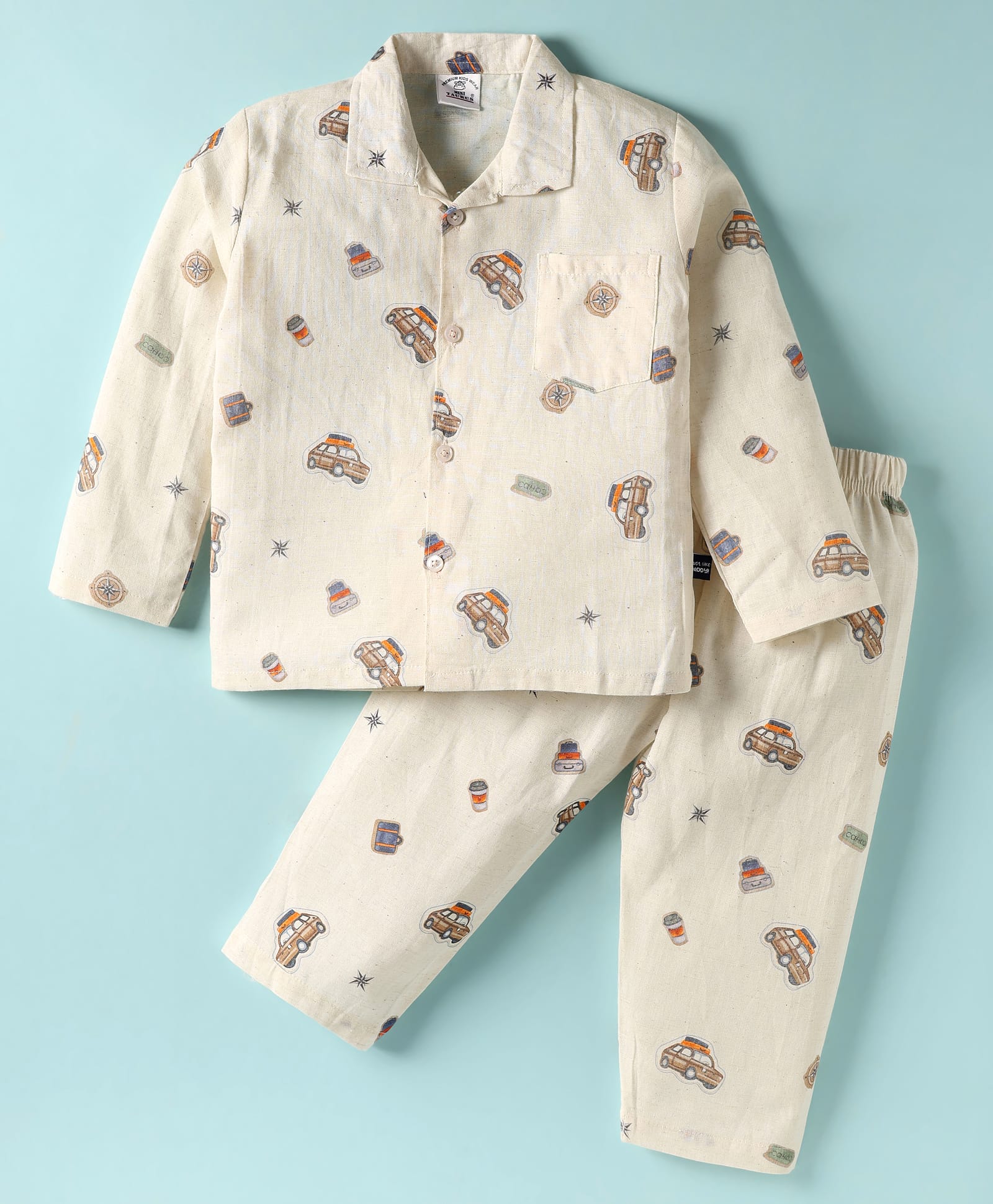 Mini Taurus Cotton Woven Full Sleeves Co-Ord Night Suit with Traveller Car Print - White-image-1